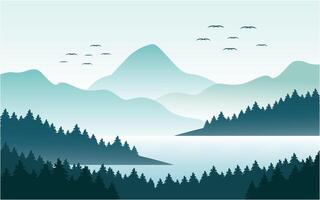 Peaceful mountain and lake panorama landscape in monochromatic flat illustration design template vector