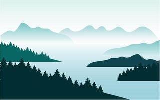 Peaceful mountain and lake panorama landscape in flat illustration logo design template vector