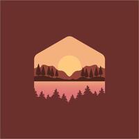 naturaleza escena con montaña y bosque, lago y colinas paisaje ilustración logo diseño vector