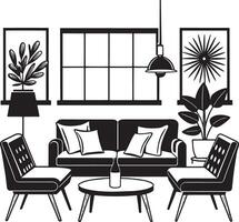 Living room interior with sofa, coffee table, armchair, lamp and plants. vector