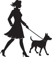 silueta de un mujer con un perro en un blanco antecedentes vector