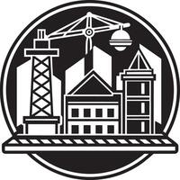 Building and crane icon. Black and white illustration of building and crane icon. vector