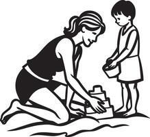 Mother and son playing on the beach.Children with toys. vector