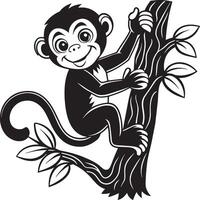 negro y blanco dibujos animados ilustración de linda mono en árbol para colorante libro vector