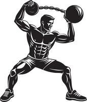 illustration of a bodybuilder with kettlebell and barbell. vector