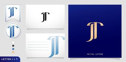 un conjunto de negocio tarjetas con el letra jt, lujo inicial letras j y t logos diseños en azul colores para marca anuncios campañas, tipografía, bordado, cubierta invitaciones, sobre firmar símbolos vector
