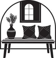 Comfortable sofa with cushions and vase with flowers. Black and white illustration. vector