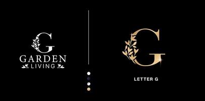 letter g floral logo leafs golden colors isolated black backgrounds for advertisement material, collage print, ads campaign marketing, business cards elements, branding company identity, advertisement vector