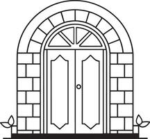 Door with a stone facade. illustration in outline style. vector