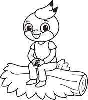 Boy sitting on a log, black and white illustration, coloring book vector