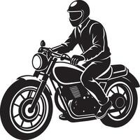 motorista paseos un retro motocicleta silueta. negro y blanco diseño. vector