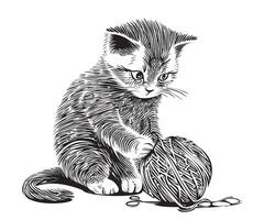 Kitten playing with ball hand drawn sketch in doodle style illustration... vector