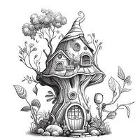 mítico hada cuento casa en el bosque mano dibujado bosquejo ilustración vector