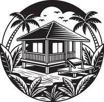 Tropical house on the beach. Black and white illustration. vector