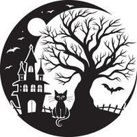 Halloween background with castle, cat and tree. illustration. vector