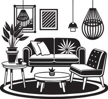 Living room interior with sofa, coffee table, armchair, lamp and plants. vector