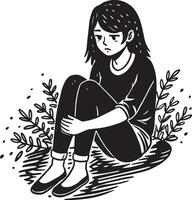 Sad girl sitting on the ground. Black and white illustration. vector