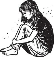Sad girl sitting on the ground. Black and white illustration. vector