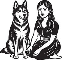 Beautiful girl and her dog. Black and white illustration. vector