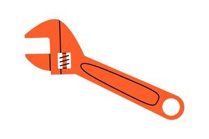 Hand drawn cute cartoon illustration of adjustable wrench or spanner instrument. Flat repair tool in colored doodle style. Support service hardware icon. Settings or fix problem. Isolated. vector