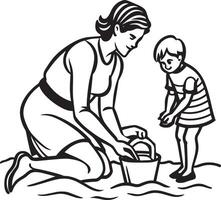 Mother and son playing on the beach.Children with toys. vector
