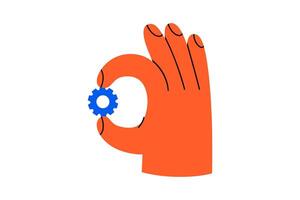 Hand drawn cute cartoon illustration hand with gear. Flat arm holding mechanism part in doodle style. Support service icon. Settings or fix problem. Part or cog of the team. Teamwork. Isolated. vector