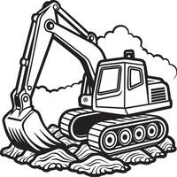 Excavator vehicle working construction equipment in black and white vector