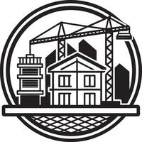 Building and crane icon. Black and white illustration of building and crane icon. vector