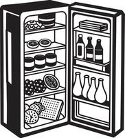 Black and white illustration of a fridge full of food and beverages. vector