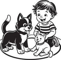 Black and White Cartoon Illustration of Little Boy and Dog Pet Animal Characters vector