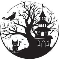 Halloween background with black cat, haunted house and tree. illustration. vector