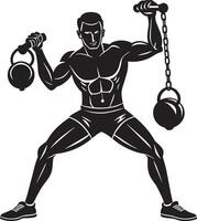 illustration of a bodybuilder with kettlebell and barbell. vector