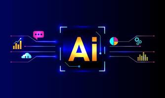 Artificial intelligence concept. Brain circuit board technology with icons such as laptop, bank, searching, data chat and music on blue background. Innovation and idea. vector