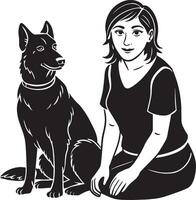 Beautiful girl and her dog. Black and white illustration. vector