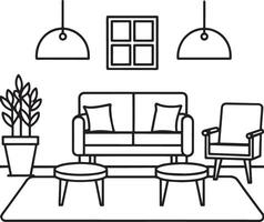 vivo habitación interior con sofá y sillones ilustración en línea estilo. vector