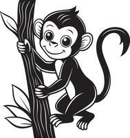 Black and White Cartoon Illustration of Cute Monkey on Tree for Coloring Book vector