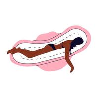 un mujer es acostado en un sanitario almohadilla. niña teniendo menstrual período, menstruación, premenstrual síndrome, pm, hembra reproductivo sistema. vector