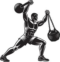 illustration of a bodybuilder with kettlebell and barbell. vector