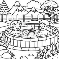 Black and White Cartoon Illustration of Little Boy Taking a Hot Spring for Coloring Book vector