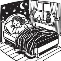 niña dormido en el cama. negro y blanco ilustración para colorante libro. vector