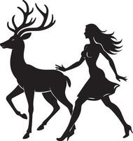 silhouette of a woman and a deer on a white background vector