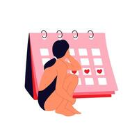 un mujer se sienta cerca un menstrual calendario. niña teniendo menstrual período, menstruación, premenstrual síndrome, pm, hembra reproductivo sistema. vector