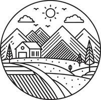 paisaje con granja casa y montañas línea estilo icono ilustración diseño vector