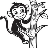 Black and White Cartoon Illustration of Cute Monkey on Tree for Coloring Book vector