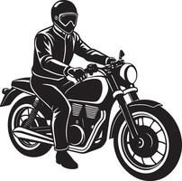 motorista paseos un retro motocicleta silueta. negro y blanco diseño. vector