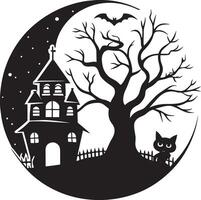 Halloween background with black cat, haunted house and tree. illustration. vector