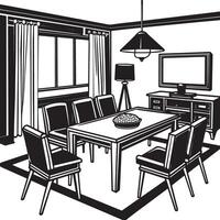 Dining room interior - Black and White Illustration vector