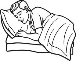 negro y blanco dibujos animados ilustración de hombre dormido en cama para colorante libro vector