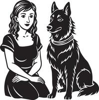 hermosa niña y su perro. negro y blanco ilustración. vector