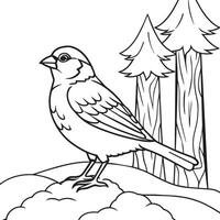 Black and White Cartoon Illustration of Bird Sitting on a Rock with Pine Trees Behind vector